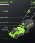 Greenworks 40V 16-Inch Brushless Cordless Lawn Mower with 4.0Ah and 2.0Ah batteries, 16-inch deck, and collapsible handles
