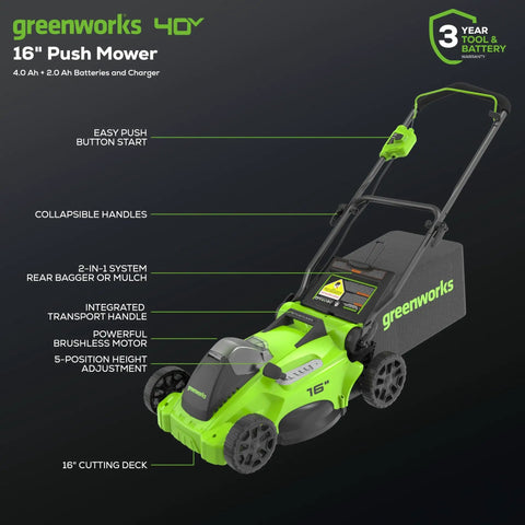 Greenworks 40V 16-Inch Brushless Cordless Lawn Mower with 4.0Ah and 2.0Ah batteries, 16-inch deck, and collapsible handles