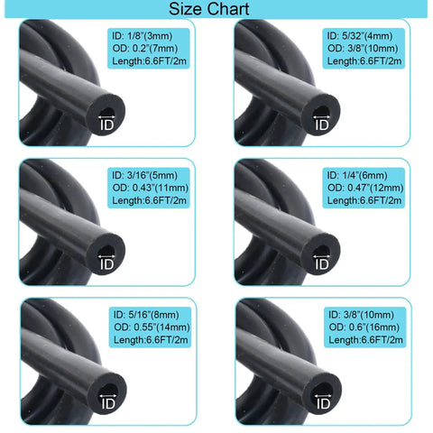 Get This Ultimate Silicone Vacuum Hose Kit For Your Ride featuring Six Pieces Plus 120 Extras To Fit Any Car Engine With High Heat Resistance Up To 392 Degrees And Crush Proof 130 PSI Rating Perfect For Street Or Track Builds Without Faking It. Size chart of black silicone vacuum hoses, 3mm to 10mm ID, 6.6ft length