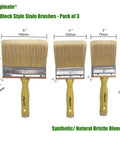 All In One Deck Stain And Sealer Block Paint Brush Set showing 6", 4", and 3" block brushes, synthetic bristles, wood handles.