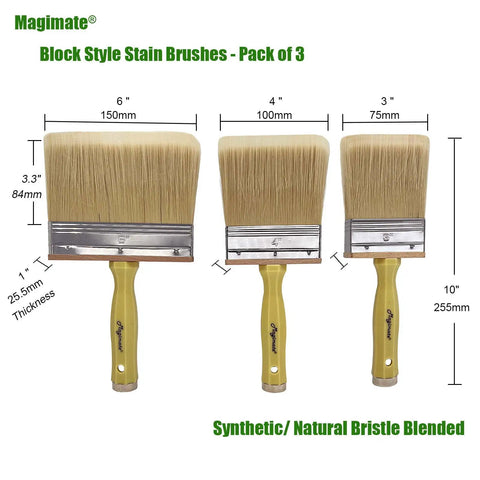 All In One Deck Stain And Sealer Block Paint Brush Set showing 6", 4", and 3" block brushes, synthetic bristles, wood handles.