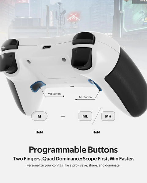 Wireless Gaming Controller With Broad Device Support, showing underside buttons for programmable features on white controller.