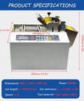 Automatic Microcomputer Heat Shrink Tube Cutter Machine Offering 0.1 Mm Precision pipe cutting with front view showing LCD and dimensions.