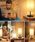 Fully Dimmable Nightstand Lamps Set Of 2 With Stepless Dimming Rotary Switch, USB C And USB A Charging Ports, Square Linen Shade