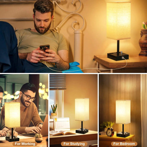 Fully Dimmable Nightstand Lamps Set Of 2 With Stepless Dimming Rotary Switch, USB C And USB A Charging Ports, Square Linen Shade
