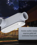 LL Type Conduit Body 1-1/2 Inch Threaded, Die Cast Aluminum With Stamped Steel Cover, Gray, shown against night backdrop