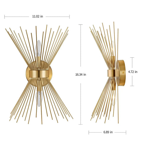 Dope Gold Sunburst Wall Sconce Two Light Fixture For Bathroom And Living Spaces, Mid Century Modern Vanity Lighting, side view