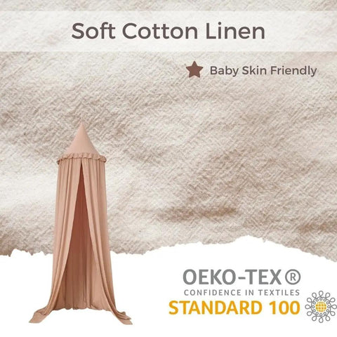 Kids Bed Canopy With Ruffles In Pastel Nougat, Frilled Cotton Tent Mosquito Netting For Nursery, fabric and certifications shown