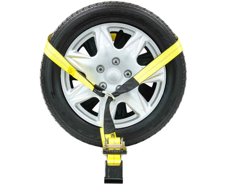 4 Pack 2 Inch By 14 Foot Wheel Straps For Car Trailer With Flat Hooks Beefy Yet Flexible Heavy Duty Tie Down Straps Lasso Style Tire Straps 3335 Lb WLL Side Mount Ratchet Ready Hauling Cars attached to tire