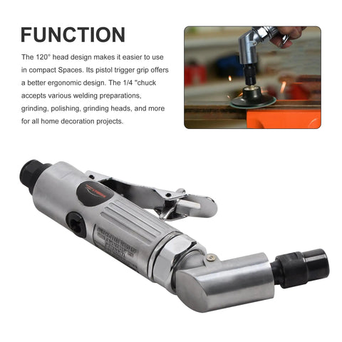 Pro Grade 1/4 Inch Air Angle Die Grinder With Built In Regulator And Variable Speed Throttle, ergonomic design for compact spaces.