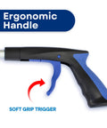 Close-up of ergonomic handle on 34 Inch Extra Long Reacher Grabber With Foldable Gripper And Rotating Jaw For Easy Pickup, showing blue soft grip trigger.
