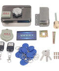 Slick Electronic Deadbolt Lock With Keyless Entry And Hella Secure Dual Remote Control For Front Door Upgrade kit, includes keys and remotes.