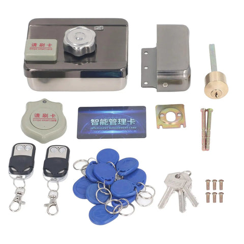 Slick Electronic Deadbolt Lock With Keyless Entry And Hella Secure Dual Remote Control For Front Door Upgrade kit, includes keys and remotes.