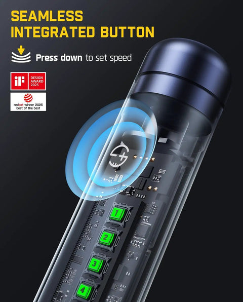 Close-up of Mini Cordless Rotary Tool Kit With NeoPulse Motor And Revostor Hub, navy blue, showing seamless integrated buttons.