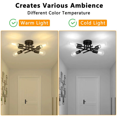 Industrial 6 Light Semi Flush Mount Ceiling Light Fixture In Matte Black For Farmhouse Kitchen Bedroom Hallway Rustic Sputnik Style Set Of 2 in warm and cold lighting above white doors.