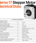 NEMA 17 bipolar stepper motor with silver front plate, black body, protruding shaft, shown beside electrical data sheet.