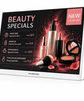 Dead Simple Countertop Digital Signage Display With Cloud Managed Menu Board For Restaurants Cafes And Retail Stores Plug And Play Setup And Rapid Multi Location Updates showcasing beauty specials and prices.