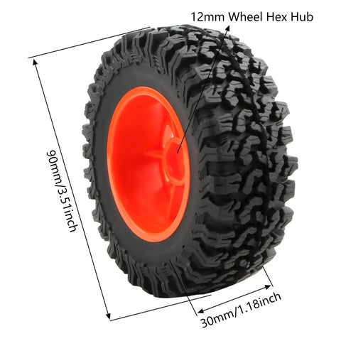 Four Piece RC Rubber Tire Wheel Set For One To Twelve Scale H12Y H12P H12Y Plus MN82 MN128 MN82S RC Rock Crawler Cars Red Replacement Accessory Set