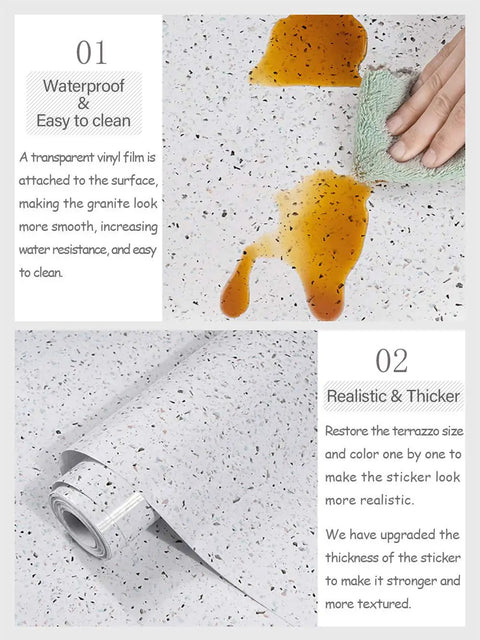 White Glossy Marble Contact Paper Self Adhesive Peel and Stick Wallpaper for Countertops Kitchen Bathroom Cabinets Waterproof and Easy to Clean 118 In by 15.7 In Roll showing waterproof test with spill and cleaning.