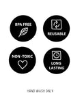 BPA free, reusable, non-toxic, long-lasting symbols with hand wash only text for 4 Pack Slim Ice Packs for Lunch Boxes and Coolers.