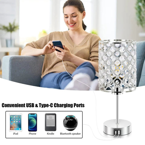 Crystal Bedside Lamp With Touch Control And USB C And USB A Ports 3 Way Dimmable Modern Table Lamp illuminating living room scene.