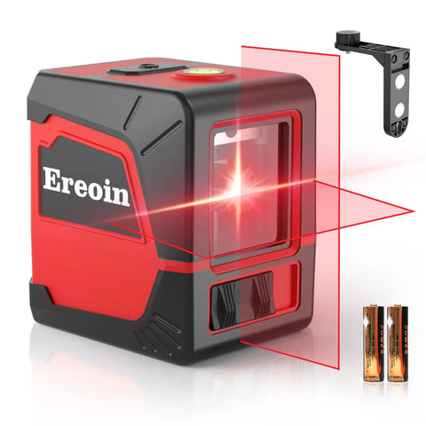 Self Leveling Cross Laser Level With Vertical And Horizontal Lines 360 Degree Rotation IP54 Waterproof For Indoor And Outdoor Picture Hanging Bright Class II Red Laser Lock Switch For Quick Alignment And Easy Setup, red cube with batteries