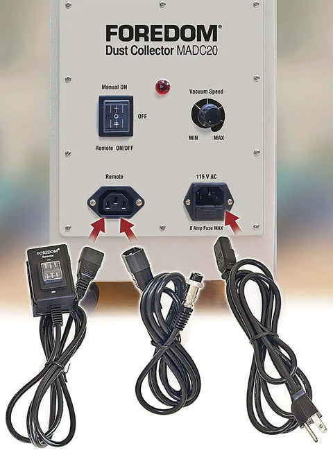 Heavy Duty Cyclone Dust Collector With High Efficiency HEPA Filtration And Remote Switch Box showing controls and cables.