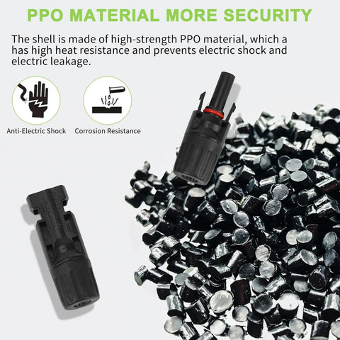 40 Pieces MC4 Solar Panel Connectors Kit With Two Assembly Spanners IP67 Waterproof MC4 Male And Female Cable Connectors 1000V PV System Wiring featuring PPO material for high heat resistance and anti-electric shock properties.