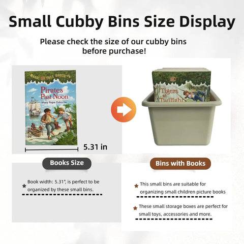 Six Pack Small Cubby Bins Set For Home Playroom And Classroom shown with books, demonstrating size and storage capability