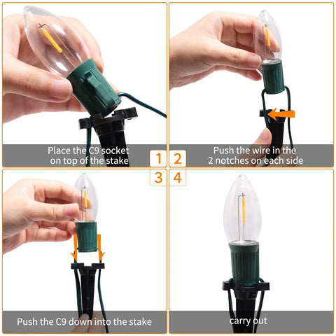 Installation steps for Outdoor Christmas Pathway Lights 26 Ft Connectable C9 LED String Lights Waterproof With 20 LEDs And Stakes