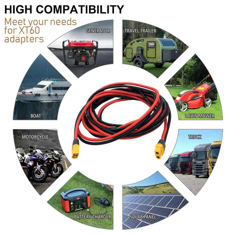 Male To Female RC Connector Extension Cable With 1 Meter Beefy 12 AWG Silicon Wire, applications shown for various equipment.