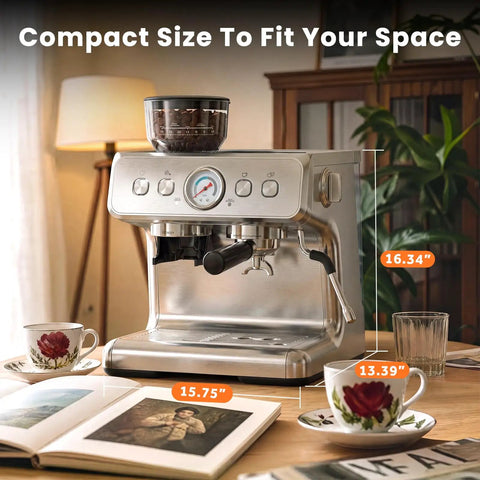 Top Tier 58mm Espresso Machine With Integrated Conical Burr Grinder, compact stainless steel design, fits in limited spaces.
