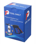 Short Pressure Washer Gun With Foam Cannon And One Quarter Inch Quick Connector Five Nozzle Tips And One Liter Bottle M22 Compatible All Purpose Power Washing Tool For Cars Decks And Driveways packaging