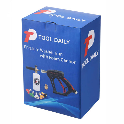 Short Pressure Washer Gun With Foam Cannon And One Quarter Inch Quick Connector Five Nozzle Tips And One Liter Bottle M22 Compatible All Purpose Power Washing Tool For Cars Decks And Driveways packaging