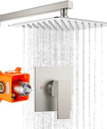 Rainfall Shower Faucet Set System With 10 Inch Rain Shower Head All Metal Brushed Nickel Wall Mounted Trim Kit Single Handle Bathroom Mixer Rough In Valve Female Thread Complete Shower Combo featuring shower head, handle, and valve