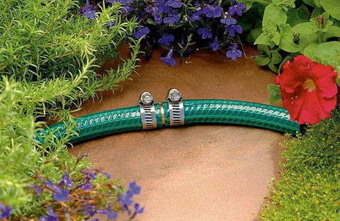 Five Pack Brass Garden Hose Connectors For Half Inch Hoses With Stainless Steel Clamps Hose Mender Kit connected in garden