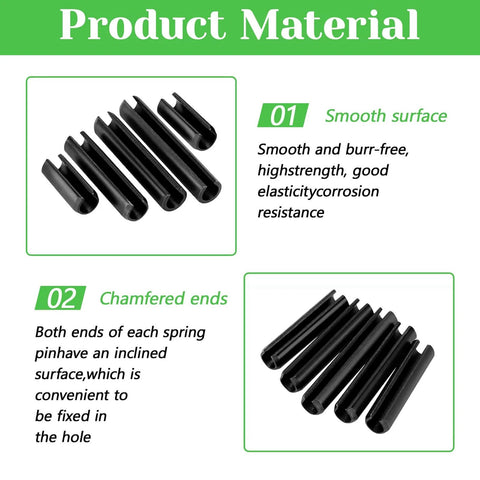 400 Pcs Roll Pin Assortment Kit With Slotted Tension Pins, Split Dowels And Expansion Pins In M1.5 To M10 Sizes, showcasing smooth surface and chamfered ends design for rust resistance and secure fastening.