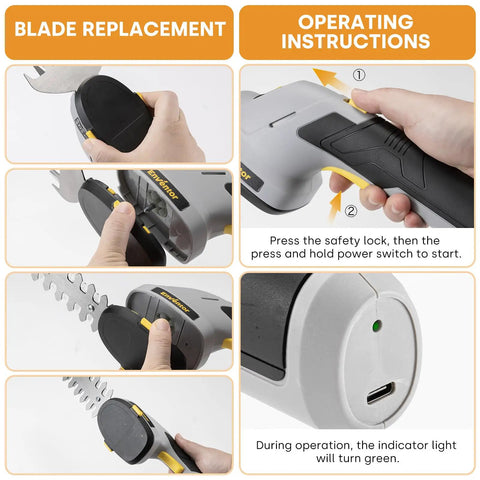 Instructions for using Cordless Hedge Trimmer And Grass Shear 2 In 1 Handheld Electric Tool With Rechargeable Battery shown.