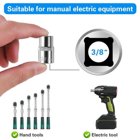 Close-up of hand holding socket from 12-Pack 10mm Shallow Socket Set For Three Eighths Inch Drive Impact Sockets with tools shown.