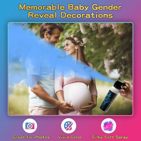Couple holding pregnant belly, using 2 Pack Gender Reveal Fire Extinguisher Party Props Rad Decor For Baby Shower, with blue powder.