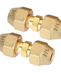 Top Shelf 2 Pack 1/4 Inch Flare Nut Kit Solid Copper Pipe Extension Joint Connectors With Weld Free Brass Fittings showing brass fittings.