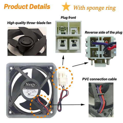 Upgraded OEM Refrigerator Evaporator Fan Motor For Compatible Models RF28HMEDBSR AA RF28HFEDTSR AA with wiring details