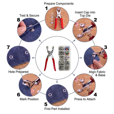 Step-by-step guide showing Solid 100 Set Snap Button Kit With Heavy Duty Pliers for clothing repairs and DIY projects.