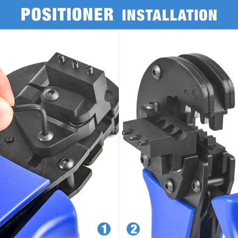 Solar Crimping Tool Kit For Solar Panel Installation showing positioner installation with close-up on crimper components.