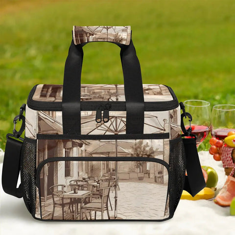 Insulated Picnic Backpack With Large Capacity For Food And Drinks Portable Lunch Bag shown on picnic blanket with fruit