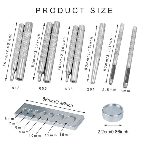 Snap Rivet Setter Kit 11 Piece Set With 7 Snap Fastener Tools Leather Hole Punch 2.5mm And 3mm Base And Mini Anvil