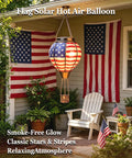 Solar Hot Air Balloon Lantern With Flickering Flame, glass hanging lantern, American flag accent, cozy backyard decor