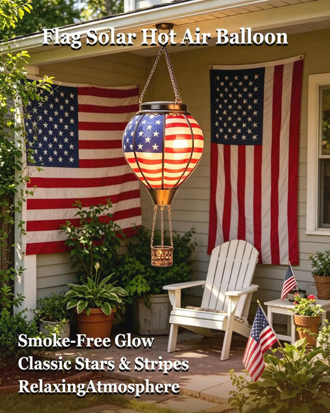 Solar Hot Air Balloon Lantern With Flickering Flame, glass hanging lantern, American flag accent, cozy backyard decor