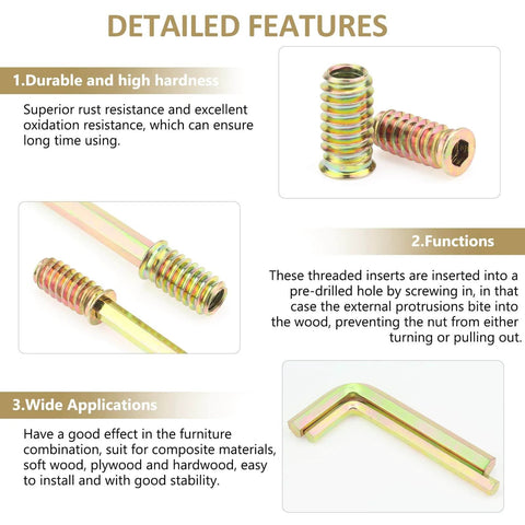 Detailed features of 152 Piece Threaded Inserts Set For Wood, highlighting durability, functions, and applications with visuals.