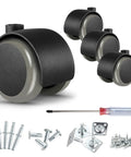 Set of 4 2-inch grey caster wheels with black housings; includes installation hardware and screwdriver
